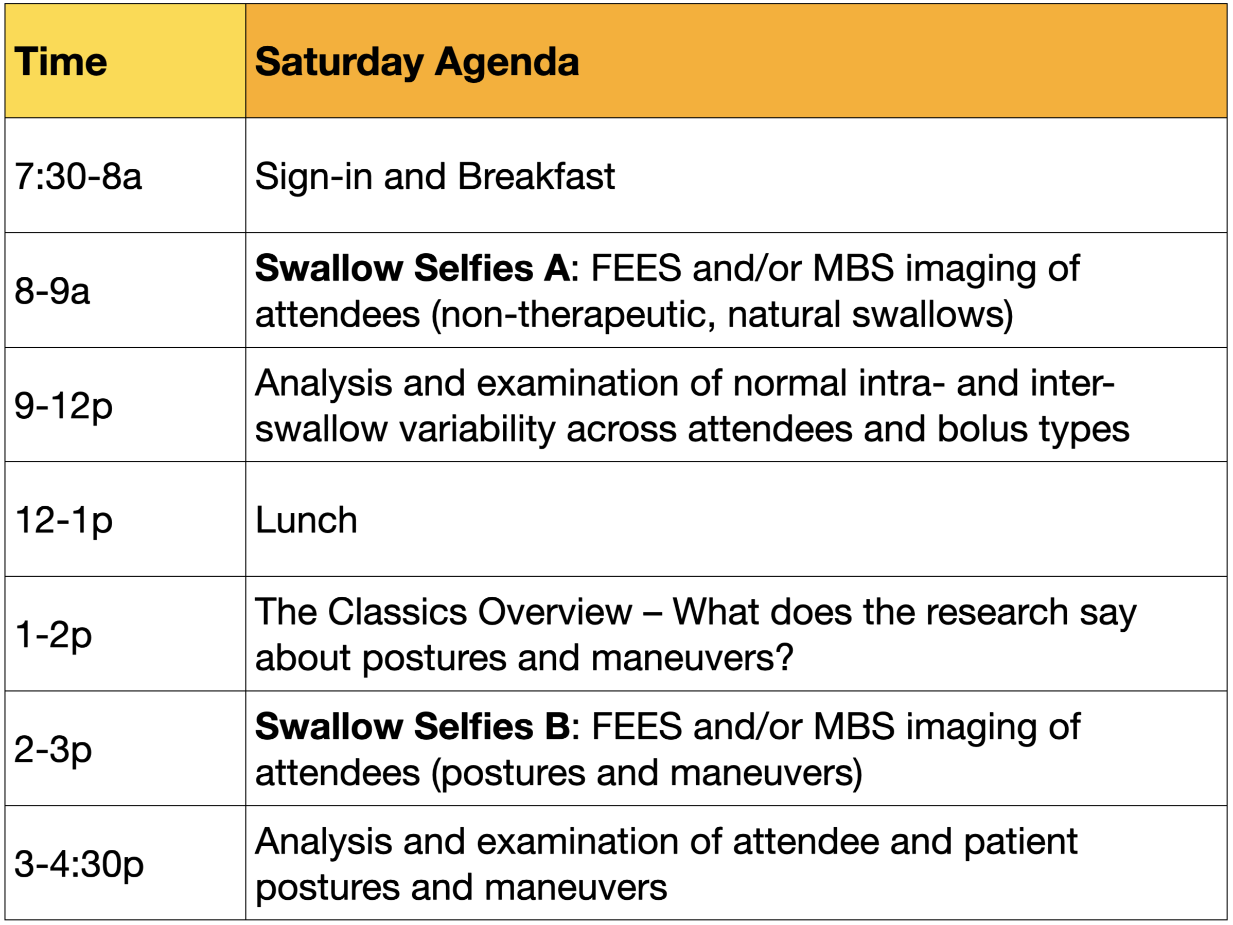 Original Saturday Swallow Treat Retreat agenda