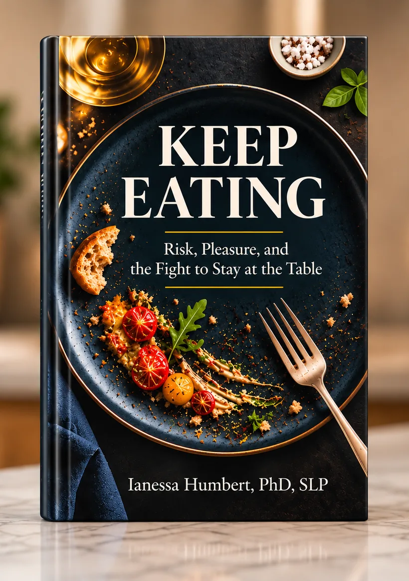 A hardcover copy of Keep Eating standing on a kitchen counter