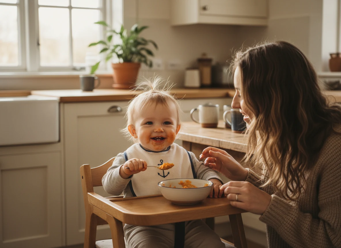 A smiling toddler in a high chair enjoying a meal with a parent close by
