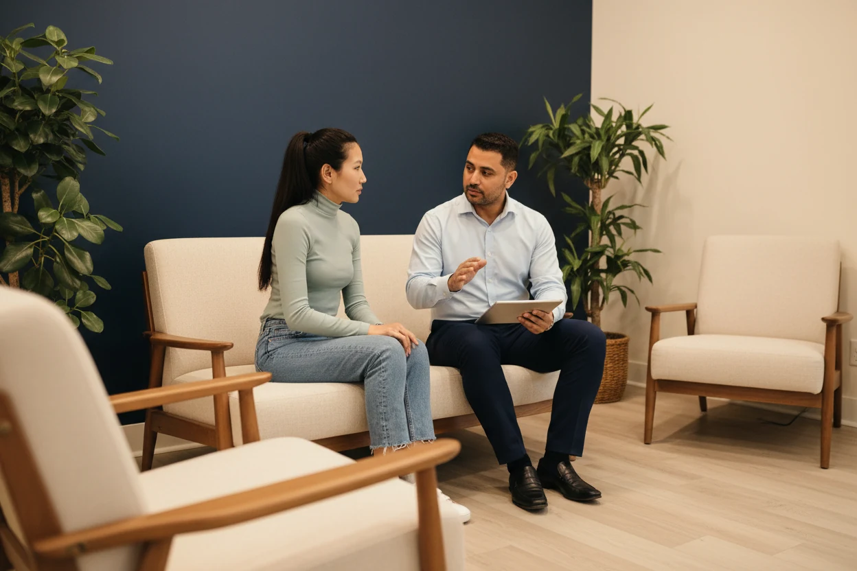 A clinician and patient talking together on a couch in a warm clinic lounge