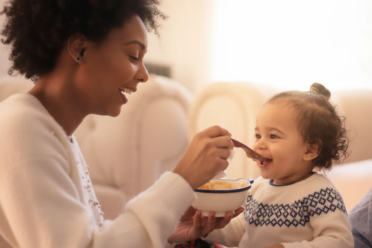 A mother spoon-feeding her smiling baby in warm light
